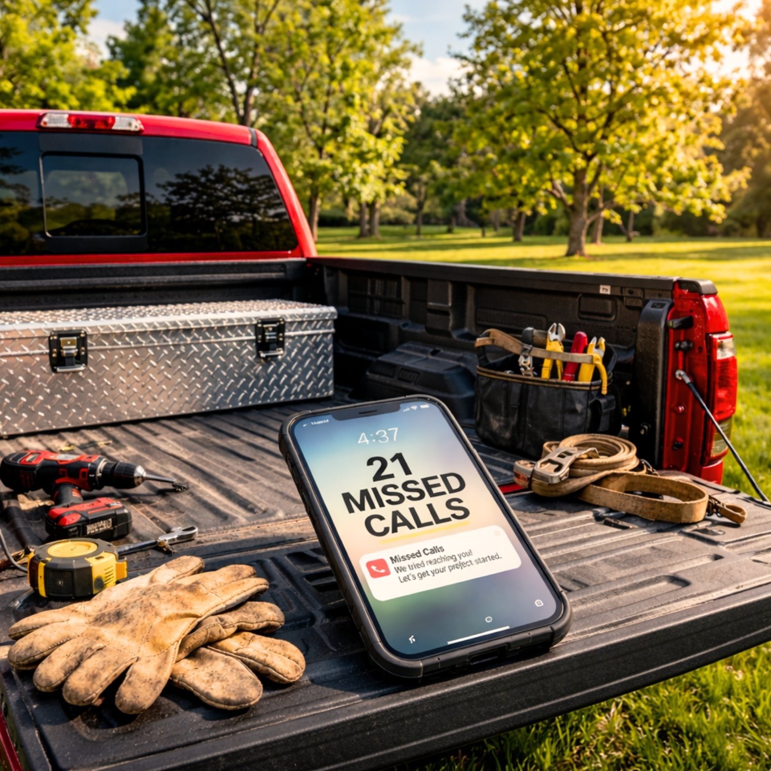 21 missed calls on a contractor's phone sitting in a truck bed